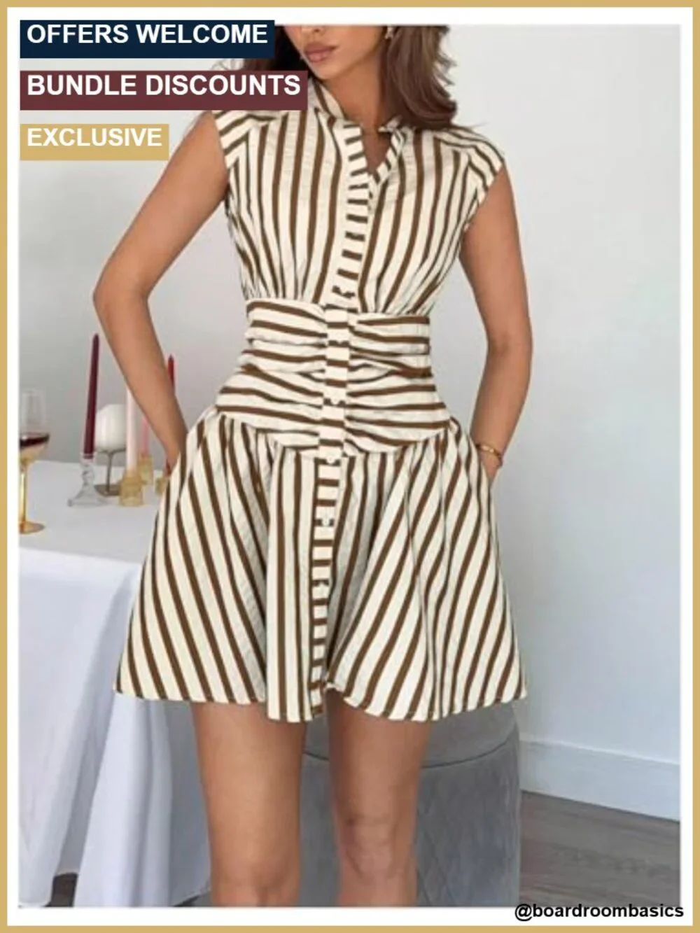 Striped Button Down Ruched Cap Sleeve Mini Shirt Dress A-Line Pockets